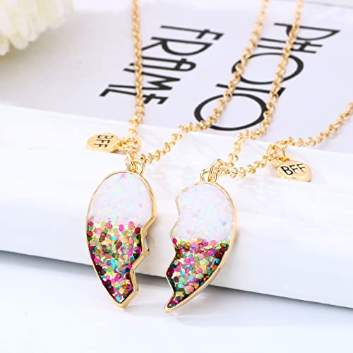 HUASAI Bff Necklace for 2 Girls Matching Friendship Necklace Half Heart Pendant Flamingo Necklace Best Friends Necklaces for Sister Birthday Gifts (D: white heart necklace)