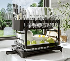 hovshelf dish racks for kitchen counter, dish drying rack with drainboard, 2 tier dish drainers for kitchen counter(black)