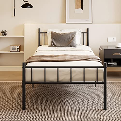 DIIYIV 14 Inch Twin Metal Platform Bed Frame with Headboard,Mattress Foundation,Steel Slat Support,Under Bed Storage,No Box Spring Needed,Twin Size Bed Frame,Black