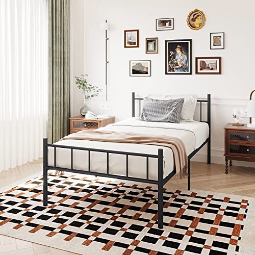 DIIYIV 14 Inch Twin Metal Platform Bed Frame with Headboard,Mattress Foundation,Steel Slat Support,Under Bed Storage,No Box Spring Needed,Twin Size Bed Frame,Black