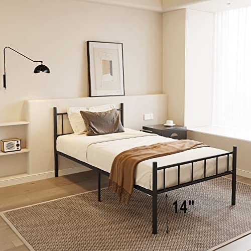 DIIYIV 14 Inch Twin Metal Platform Bed Frame with Headboard,Mattress Foundation,Steel Slat Support,Under Bed Storage,No Box Spring Needed,Twin Size Bed Frame,Black