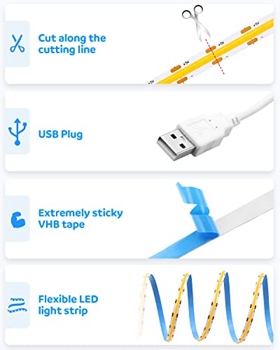 Aclorol USB COB LED Strip Lights Warm White Led TV Backlight 5V 1M 3.28FT 320Leds 3000K CRI85+ FCOB COB Flexible Lights with 1M USB Powered for Bedroom Under Cabinet Kitchen DIY Lighting Project