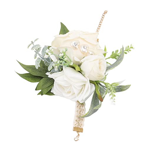 Kuuleyn Corsage Wristlet, Wrist Corsage, Wrist Corsages for Wedding Bride Wrist Flower Decorative White Roses and Green Leaves for Prom Party