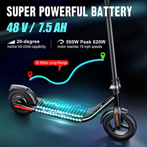 YHR Electric Scooter Adults 500W Motor Peak 620W,30 Miles Long Range Scooter Electric for Adults, 10”Solid Tires,19Mph Speed Portable & Folding E-Scooter for Commuting with Double Braking System