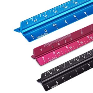 3 pack architectural scale ruler, yifarube 12"/ 6" aluminum architect triangular ruler, professional measuring kit for architect, civil engineer & draftsman (black, red & blue)