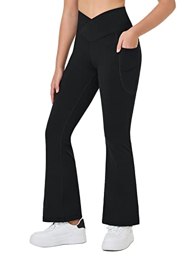 BALEAF Girls' Flare Leggings Cute Cross High Waisted Kids Yoga Dance Casual Bell Bottoms Pants with Pockets Black S