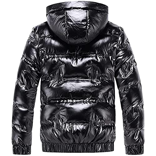 Dgoopd Winter Warm Men Puffer Coat Waterproof Lightweight Down Jacket Shiny Hooded Reflective Down Jacket Padded Jacket Coat Black