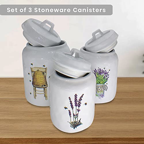 First of a Kind - Set of 3 Stoneware Canisters with Beehive, Lavender, and Bees - Decorative Kitchen Canister Sets - Ceramic Food Canister Jars for Tea, Sugar & Flour Storage