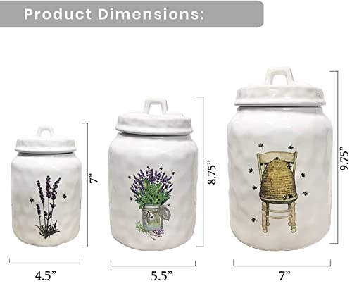 First of a Kind - Set of 3 Stoneware Canisters with Beehive, Lavender, and Bees - Decorative Kitchen Canister Sets - Ceramic Food Canister Jars for Tea, Sugar & Flour Storage