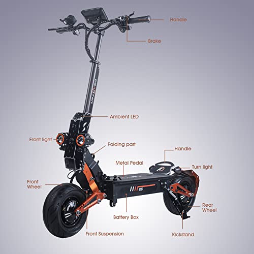 D5 Foldable Electric Kick Scooter High Power Dual Drive 5000W Motor Max Speed 60-70KM/H 12" Vacuum Off-Road Tire 48V 35AH Large Battery 37-74 Miles with Dual Hydraulic Shock