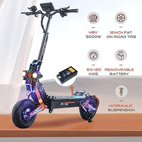 D5 Foldable Electric Kick Scooter High Power Dual Drive 5000W Motor Max Speed 60-70KM/H 12" Vacuum Off-Road Tire 48V 35AH Large Battery 37-74 Miles with Dual Hydraulic Shock