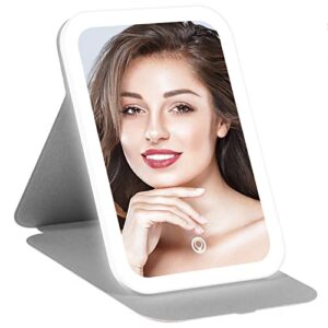 luminar bowo vanity tabletop mount mirror with lights, travel makeup mirror 360° rotation touch screen 3 colors light modes 72 leds usb rechargeable, 1200ma 5.5x8-inch desk compact mirror pink