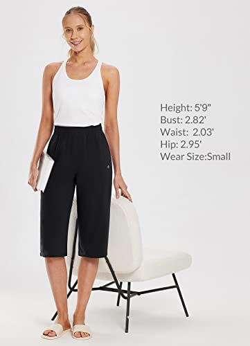 BALEAF Women's 17" Capri Yoga Pants Cotton Loose Soft Drawstring Workout Sweatpants Summer Causal Lounge Pants with Pockets Black L