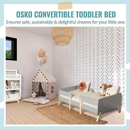 Dream On Me JPMA & Greenguard Gold Certified Osko Convertible Toddler Bed Made with Sustainable New Zealand Pinewood in Grey, Non-Toxic Finish