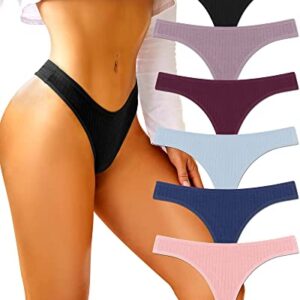 FINETOO 6 Pack Cotton Thongs for Women Breathable Low Rise Bikini Panties Womens Thong Underwear Sexy S-XL