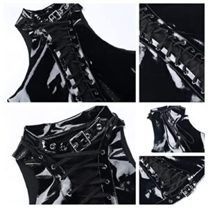 Women Goth Crop Top Black Leather Punk Harajuku Bandage Buckle Vest Hollow Out Halter Neck Camisole