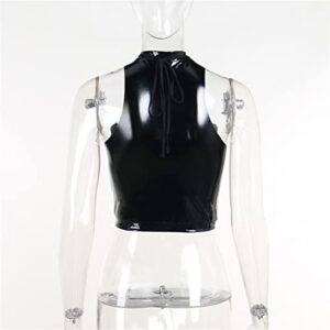 Women Goth Crop Top Black Leather Punk Harajuku Bandage Buckle Vest Hollow Out Halter Neck Camisole