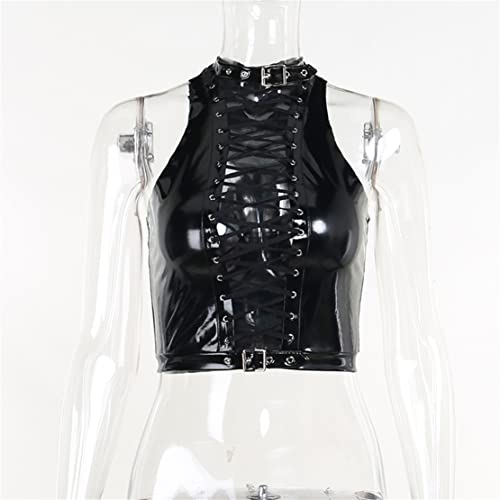 Women Goth Crop Top Black Leather Punk Harajuku Bandage Buckle Vest Hollow Out Halter Neck Camisole