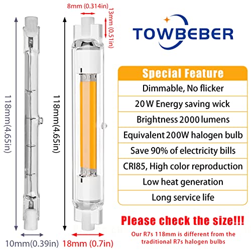 TOWBEBER R7s LED Bulb 118mm Dimmable 4rd Generation, 20W Double Ended J118 Base T3 LED Replacement for Halogen 200W Light Bulbs, 2000lm Sapphire COB Bulb 3000K Warm Light CRI 85 (2PCS)