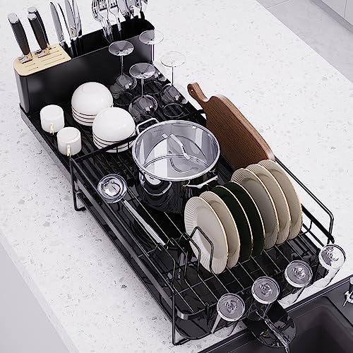 Runnatal Large Dish Drying Rack with Drainboard Set, Extendable Dish Rack, Utensil Holder, Cup Holder, Expandable Dish Drainer for Kitchen Counter