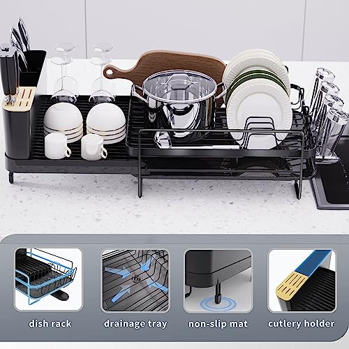 Runnatal Large Dish Drying Rack with Drainboard Set, Extendable Dish Rack, Utensil Holder, Cup Holder, Expandable Dish Drainer for Kitchen Counter