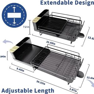 Runnatal Large Dish Drying Rack with Drainboard Set, Extendable Dish Rack, Utensil Holder, Cup Holder, Expandable Dish Drainer for Kitchen Counter