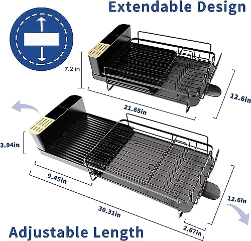 Runnatal Large Dish Drying Rack with Drainboard Set, Extendable Dish Rack, Utensil Holder, Cup Holder, Expandable Dish Drainer for Kitchen Counter