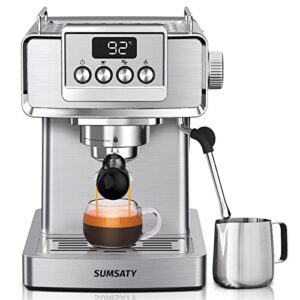 sumsaty espresso machine, espresso machine with milk frother, fast heating automatic, latte and cappuccino machine, 20 bar espresso maker, stainless steel, 1.8l water tank