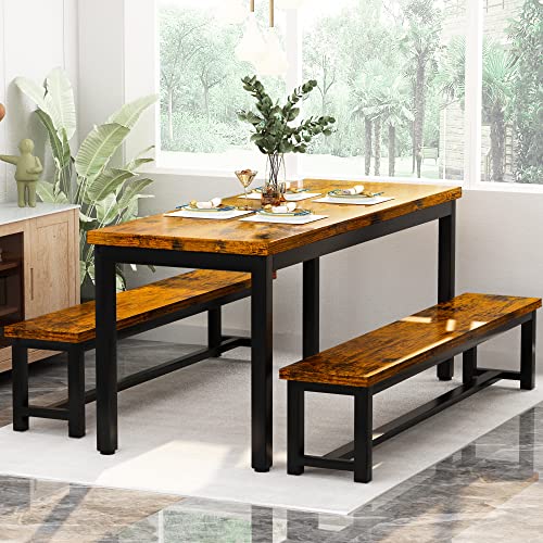 AWQM 43.3" Dining Table Set for 4, Kitchen Dining Table with 2 Benches, Dining Room Table Set with Metal Frame & Thickened Board for Kitchen, Restaurant, Rustic Brown