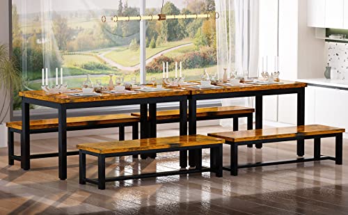 AWQM 43.3" Dining Table Set for 4, Kitchen Dining Table with 2 Benches, Dining Room Table Set with Metal Frame & Thickened Board for Kitchen, Restaurant, Rustic Brown
