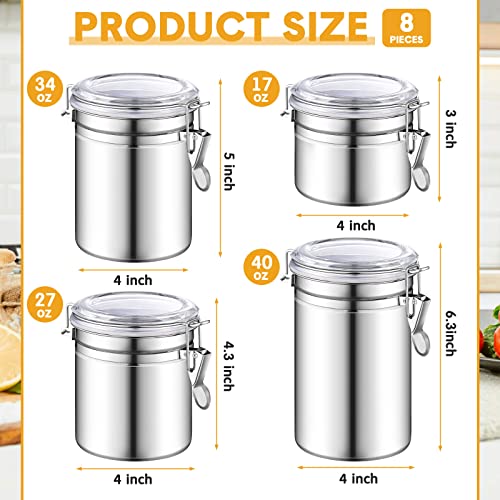 Rtteri 8 Pieces Stainless Steel Airtight Canister Set with Clear Lid and Locking Clamp Food Storage Container Set Stainless Steel Kitchen Canister for Coffee Sugar Flour Tea Candy Cookie Spice