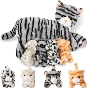 Nurturing Cat Stuffed Animal with Plush Kittens, Cat Baby Stuffed Animals for Girls and Boys Plushy Kitty Mommy Cat with 4 Baby Cats for Birthday Party Favors Gifts (Cuddly Style)