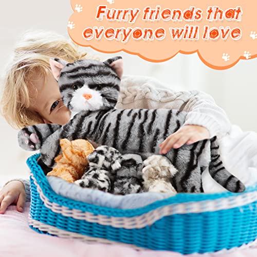 Nurturing Cat Stuffed Animal with Plush Kittens, Cat Baby Stuffed Animals for Girls and Boys Plushy Kitty Mommy Cat with 4 Baby Cats for Birthday Party Favors Gifts (Cuddly Style)