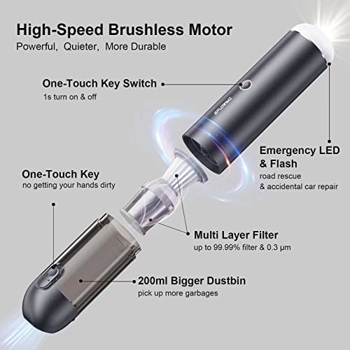 Eflowing Car Vacuum Cleaner High Power 16KPA Strong Suction, Handheld Vacuum Cordless with LED, Portable Mini Vacuum with Brushless Motor, Wireless Handheld Car Vacuum Cleaner for Pet & Home Cleaning