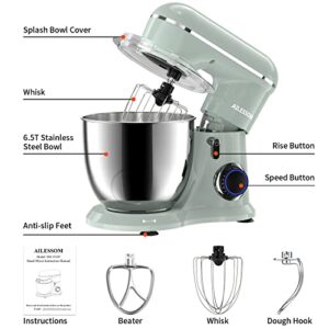 AILESSOM 3-IN-1 Electric Stand Mixer, 660W 10-Speed With Pulse Button, Attachments include 6.5QT Bowl, Dough Hook, Beater, Whisk for Most Home Cooks, Morandi Green