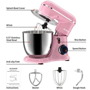 AILESSOM 3-IN-1 Electric Stand Mixer, 660W 10-Speed With Pulse Button, Attachments include 6.5QT Bowl, Dough Hook, Beater, Whisk for Most Home Cooks, Sakura Pink