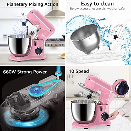 AILESSOM 3-IN-1 Electric Stand Mixer, 660W 10-Speed With Pulse Button, Attachments include 6.5QT Bowl, Dough Hook, Beater, Whisk for Most Home Cooks, Sakura Pink