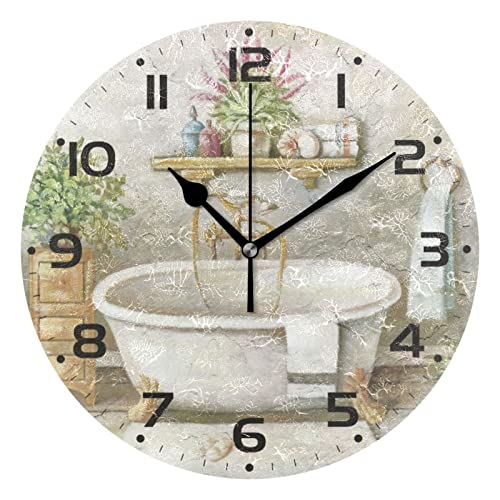 ZOEO Large Wall Clocks, Vintage Bathroom Bathtub Battery Operated Non Ticking 10 inch Clock Silent Art Bedroom Kitchen Clock Atomic Analog Clocks Home Decor