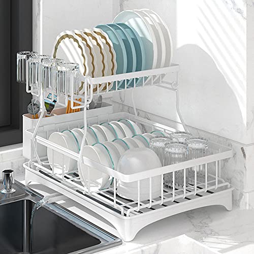 ZhenGuiRu Dish Drying Rack, 2-Tier White Dish Racks for Kitchen Counter, Detachable Large Capacity Dish Drainer Organizer with Utensil Holder, Dish Drying Rack with Drain Board