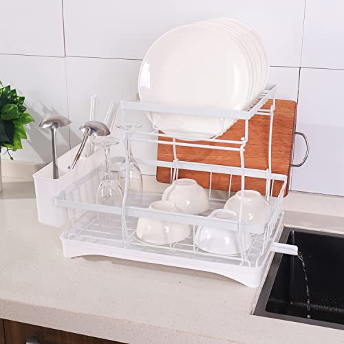 ZhenGuiRu Dish Drying Rack, 2-Tier White Dish Racks for Kitchen Counter, Detachable Large Capacity Dish Drainer Organizer with Utensil Holder, Dish Drying Rack with Drain Board