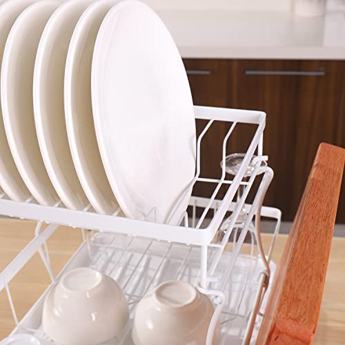 ZhenGuiRu Dish Drying Rack, 2-Tier White Dish Racks for Kitchen Counter, Detachable Large Capacity Dish Drainer Organizer with Utensil Holder, Dish Drying Rack with Drain Board