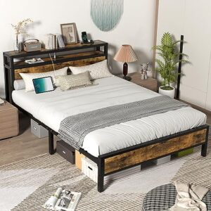 pliwier full bed frame with charging station headboard, platform bed with 2-tier storage shelf, strong support legs, noise-free, no box spring needed, easy assembly
