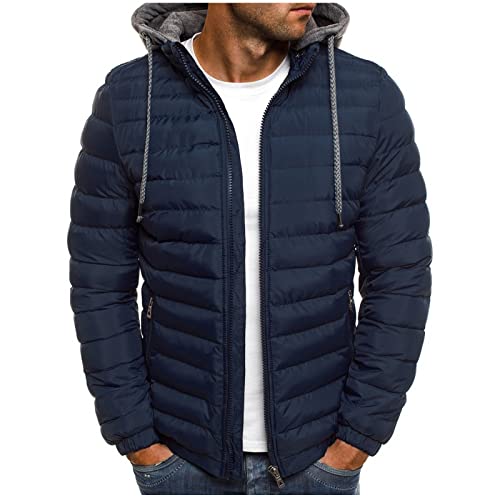 Dgoopd Men's Packable Puffer Jacket Detachable Hood Lightweight Winter Jacket Down Bubble Coat Winter Quilted Padded Jacket Navy