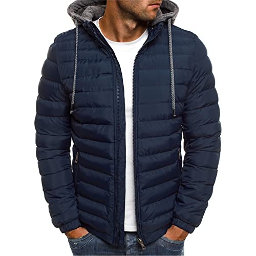 Dgoopd Men's Packable Puffer Jacket Detachable Hood Lightweight Winter Jacket Down Bubble Coat Winter Quilted Padded Jacket Navy