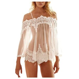 Lace Smock Babydoll Lingerie for Women Naughty Sexy Mini Chemise 2-Piece G-string Set Mesh Wedding Nightie Bridal Nightdress