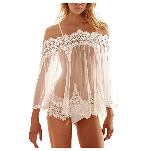 Lace Smock Babydoll Lingerie for Women Naughty Sexy Mini Chemise 2-Piece G-string Set Mesh Wedding Nightie Bridal Nightdress