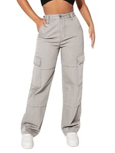 makemechic women's cargo jeans high waist flap pocket straight leg denim pants petite light grey petite m