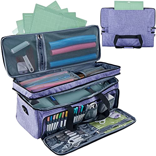 NICOGENA Double Layer Carrying Case with Mat Pocket for Cricut Explore Air 2, Cricut Maker, Multi Large Front Pockets for Tools Accessories and Supplies, Purple