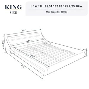 Allewie King Size LED Platform Bed Frame with Adjustable Headboard/No Box Spring Need/Easy Assembly/Faux Leather in Grey