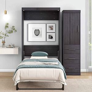 ATY Twin Size Murphy Bed with Wardrobe and Drawers, Wood Storage Bedframe Can be Folded into a Cabinet, Bedroom Furniture, Save Space Design, No Box Spring Required, Gray